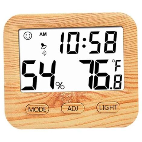Termómetro digital higrómetro para interiores, medidor de temperatura y humedad de madera con relojes de escritorio para dormitorio y oficina, pantalla de tiempo precisa, comprobador para interiores.