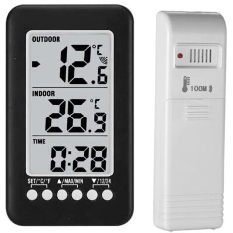 Termómetro digital inalámbrico LCD para interiores y exteriores con reloj y transmisor de termómetro (en °C/°F).