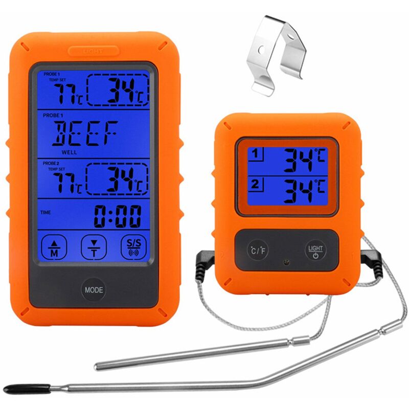 

Happyshopping - Termometro digital inalambrico para carne para asar a la parrilla, ahumador, parrilla, horno, termometro con sonda doble, cocina,