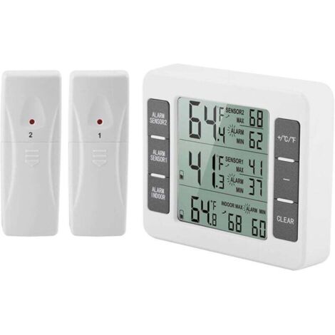 Termómetro digital inalámbrico ZVD con alarma sonora para refrigerador y congelador, con visualización de valores mínimos y máximos.