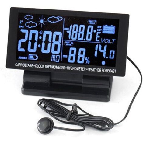Termómetro digital para coche 4 en 1 con pantalla LCD, higrómetro, termohigrógrafo de 12 V CC y reloj de voltaje meteorológico.