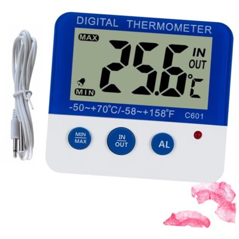 Termómetro digital para interiores y exteriores con alarma de temperatura alta y baja, monitor para refrigerador y congelador, pantalla LED para cocina, blanco y azul.