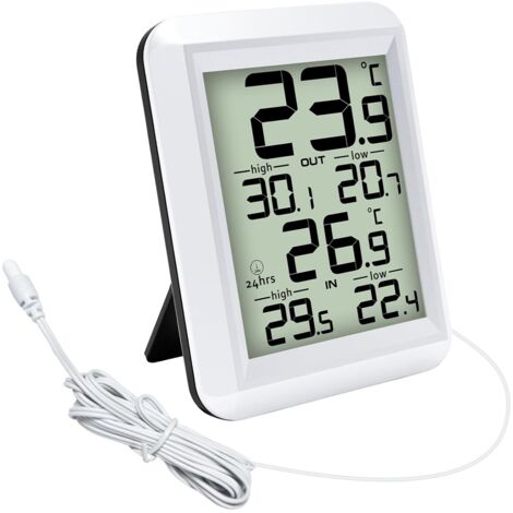 Termómetro digital para interiores y exteriores con cable impermeable de 2 m, registro de valores mínimos y máximos y sonda para el hogar, la oficina, invernaderos, acuarios y refrigeradores.