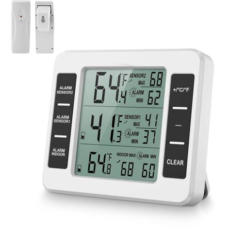 Termómetro digital para refrigerador, pantalla LCD, termómetro para refrigerador de interior/exterior con 2 sensores inalámbricos y alarma sonora para uso doméstico, en restaurantes y bares.