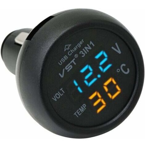 Termometro digitale con display e voltmetro, tipo accendisigari, con caricatore USB.