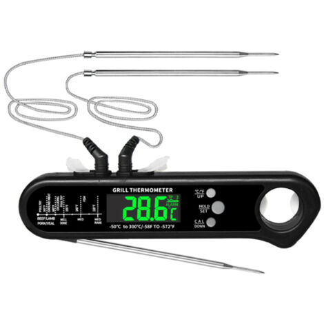 Termometro digitale da cucina a batteria con doppia sonda, lettura istantanea in 2-3 secondi, allarme magnetico e apribottiglie. Display LCD. Ideale per forni, barbecue e cottura.