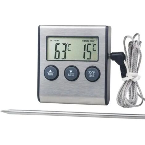 Termometro digitale da cucina con ampio display LCD, sonda lunga per forno e grill, timer con allarme per la temperatura di cottura della carne.