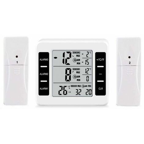 Termometro digitale LCD per frigorifero, termometro per congelatore, termometro per frigorifero con doppi sensori, sveglia e registrazioni min/max [batteria non inclusa]
