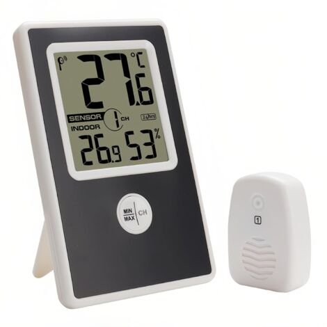 Termómetro e higrómetro para interiores y exteriores con sensor inalámbrico, monitor digital LCD, lecturas de temperatura y humedad máximas/mínimas fáciles de leer, funciona con pilas, para uso en ofi