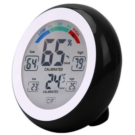Termometro e igrometro elettronico wireless, adatto per interni ed esterni, touch screen rotondo con display LCD, stazione meteorologica, nero