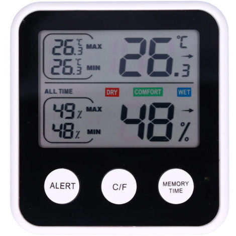 Termometro e igrometro LCD - Monitoraggio interno, con supporto pieghevole, display chiaro e allarme acustico per temperatura e umidità.