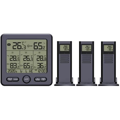Termómetro-higrómetro digital con 3 sensores inalámbricos – Modelo WS809B – Blanco/Negro – Pantalla grande con hora y día de la semana – Alarma – Rango de medición: -50 a 70 °C