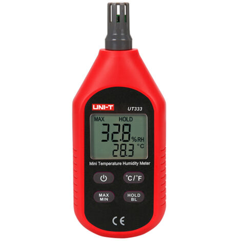 Termómetro-higrómetro mini UT333 para uso en interiores y exteriores, con indicador de sobrecarga y pantalla LCD retroiluminada.