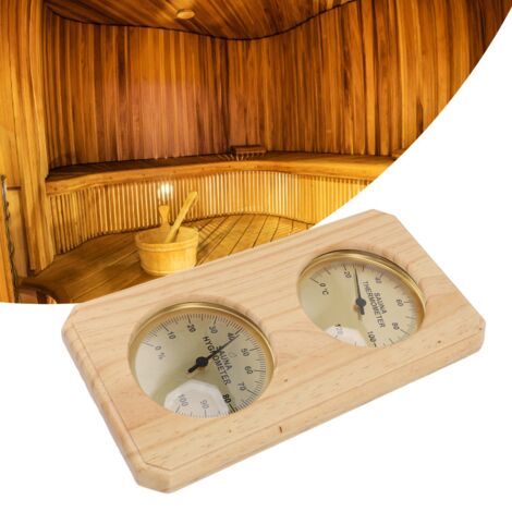 Termómetro-higrómetro para sauna 2 en 1 con indicador de temperatura (0–120 °C) e indicador de humedad (0–100 %), soporte de pared de madera de pino, dimensiones 255 x 135 x 30 mm, peso 322 g