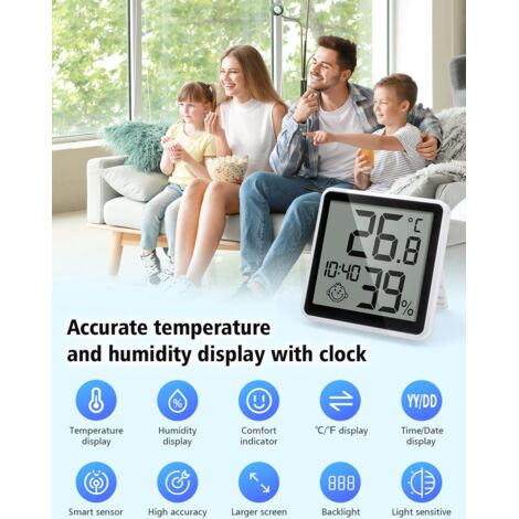 Termometro igrometro digitale con funzione fotosensibile, monitor della temperatura ambiente interna e misuratore di umidità Indicatore di umidità con orologio, ampio display LCD, retroilluminazione