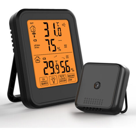 Termometro igrometro digitale nero KZQ, termometro igrometro per interni ed esterni con sensore esterno wireless, retroilluminazione LCD ℃/℉, adatto per ufficio, casa, camera da letto