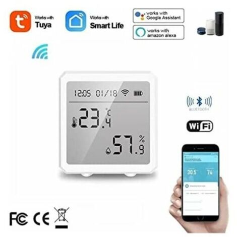 Termometro igrometro intelligente WiFi + sensore di temperatura e umidità Bluetooth con retroilluminazione per uso interno/esterno, controllo tramite app (bianco)