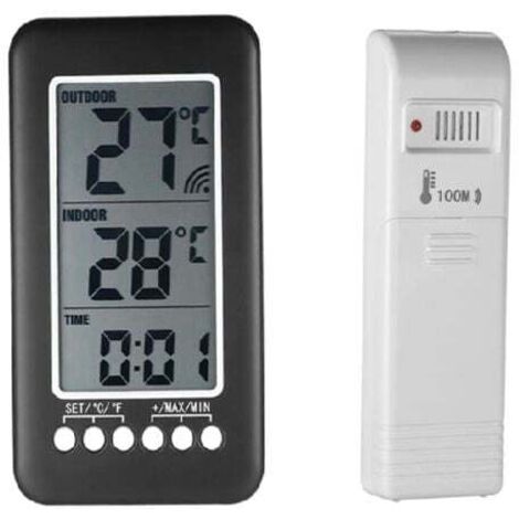 Termómetro inalámbrico para interiores y exteriores, reloj 2 en 1, termómetro LCD ℃/℉, termómetro digital para interiores y exteriores, reloj, medición de temperatura con transmisor