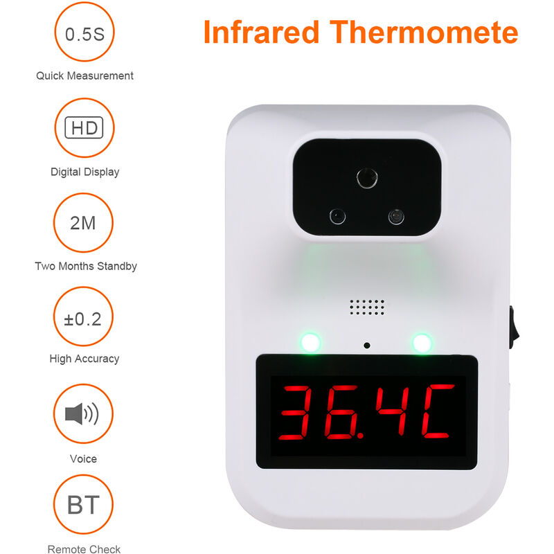 

Termometro infrarrojo BT version AI, tres instalaciones, dos fuentes de alimentacion, diez idiomas