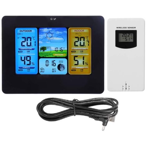 Termometro orologio stazione meteorologica digitale wireless LCD Umidità interna ed esterna (nero)