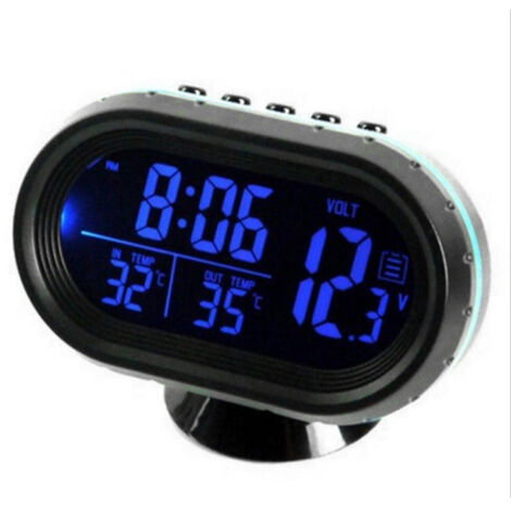 Termómetro para coche, reloj digital, reloj automotriz de 12 V CC con iluminación LED, indicador de temperatura dual, voltímetro y comprobador de voltaje.