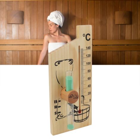 Termómetro para sauna con función de reloj de arena, 15 minutos, marco de madera dorada, rango de medición de 0 a 140 °C, montaje en pared, accesorio para sauna.
