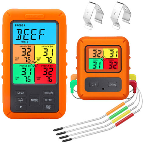 Termometro per carne senza fili 4 sonde, portata 100 m, display LCD colori retroilluminato, timer, allarme temperatura