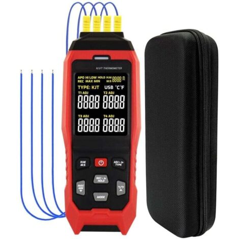 Termómetro termopar de 4 canales, tipo K/J/T, termómetro digital con 5000 grupos de registro de datos de temperatura programables en el rango de -328 a 1370 °C.