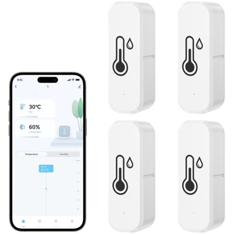 Termómetro Wifi Interior Higrómetro Conectado Alarma Inteligente, Control por Voz, Usado con la Aplicación Smart Life/Tuya, Compatible con Amazon Alexa, Google Home, 4 Piezas