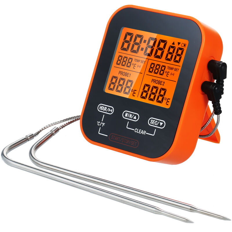 

Happyshopping - Termometro y temporizador digital para alimentos, sonda inalambrica para la temperatura de la carne, con sondas dobles,naranja