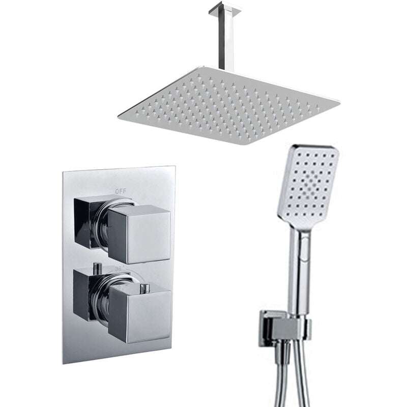 

Grifo termostático ducha para empotrar ABE salida techo. Incluye soporte con toma agua, flexo PVC plateado, brazo ducha y rociador extraplano. Ducha