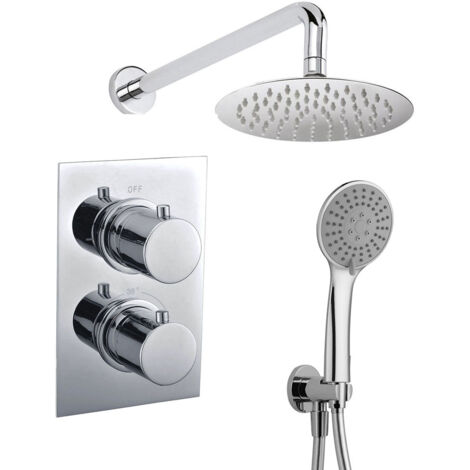 Grifo termostático ducha para empotrar PO salida pared. Incluye soporte con toma agua, flexo PVC plateado, brazo ducha y rociador extraplano. Ducha empotrable con acabado redondeada en cromo brillo Kibath