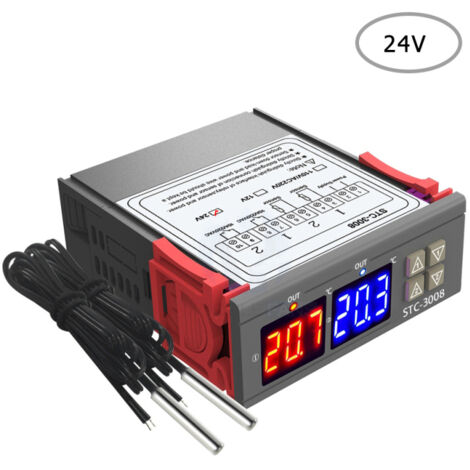 Termostato con doble pantalla digital, controlador de temperatura con doble sonda NTC, sonda de calefacción y dos salidas de relé de 24 V.
