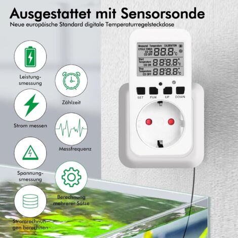 Termostato con presa digitale da 230 V con sonda, regolatore di temperatura per riscaldamento e raffreddamento, timer e allarme di temperatura per serra, acquario, terrario, rettili