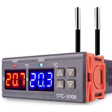 Termostato controlador de temperatura STC-3008 AC 110V-220V, controlador de temperatura digital con doble pantalla y doble sensor de sonda NTC, modo de calefacción y refrigeración.