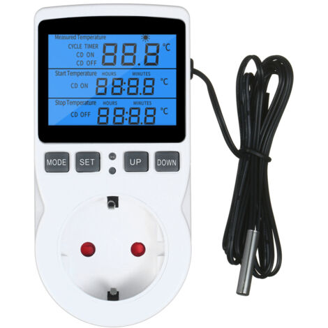 Termostato digital con pantalla LCD, toma de corriente, temporizador y sonda para calefacción, aire acondicionado, terrarios, acuarios, reptiles y plántulas de invernadero.