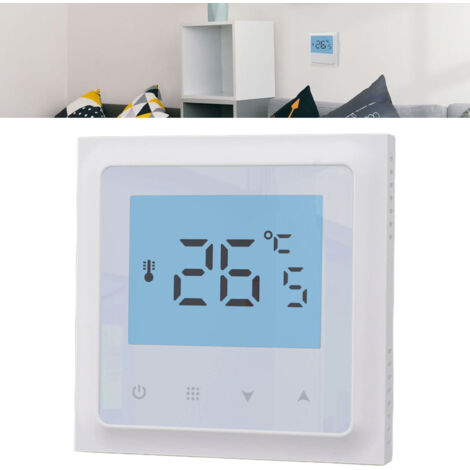 Termostato digital programable para calefacción por suelo radiante y mural con enchufe europeo – NTC (10 kΩ) 1% – ABS – 90–240 V CA – 3 A – ±0,5 °C – Control individual (5/2, 6/1, 7 días) – Modo vacac