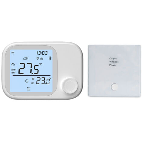 Termostato inalámbrico programable con pantalla LCD, fácil de instalar, para hogares sin conexión Wi-Fi.