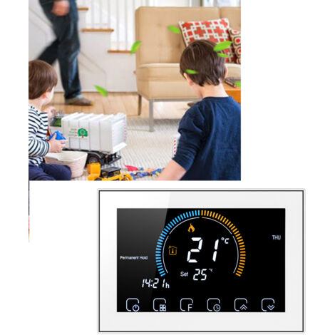 Termostato inteligente doméstico BHT8000GC blanco con pantalla LCD retroiluminada y control de temperatura programable para calderas de gas/CA de 95-240 V.