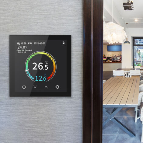 Termostato inteligente Wi-Fi para calefacción eléctrica por suelo radiante: pantalla ABS-IPS de 480 x 480 mm con registro de datos y modo vacaciones. Enchufe europeo de 90–240 V.
