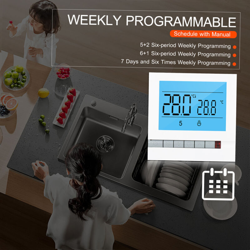 Xisrens Schwarz Termostato Programable Inteligente Eosnow Para Calderas De Agua/Gas, Pantalla Lcd Grande Retroiluminada, Controlador De Temperatura Digital