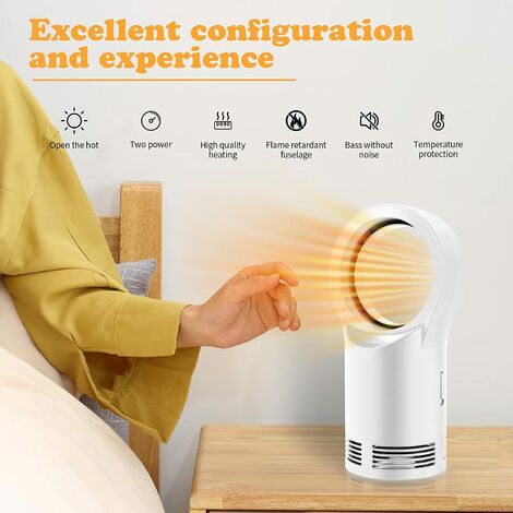 Termoventilatore elettrico Bagno Riscaldatore PTC economico Ventilatore in ceramica Senza lama Adatto ai bambini 2 modalità Efficienza energetica per camera da letto Ufficio Bianco