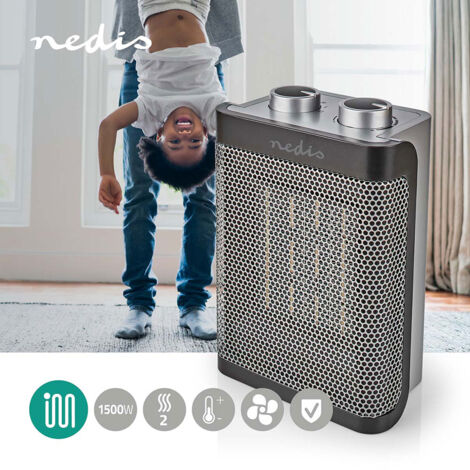 Termoventilatore in ceramica 2 livelli di riscaldamento livello aria fredda protezione inclinazione protezione surriscaldamento, cavo 150 cm, LxAxP 15x9,2x21 cm, Nedis HTFA16GY