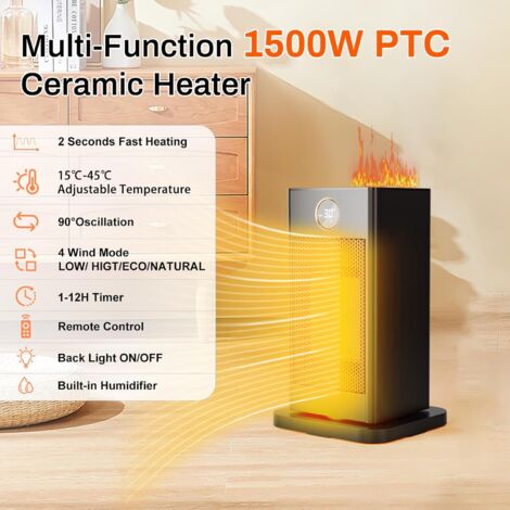 Termoventilatore in ceramica con umidificatore, termoventilatore elettrico da 1500 W, oscillante a 90°, ECO, timer 1-12 ore, termostato regolabile, silenzioso, leggero, per camera da letto e ufficio.