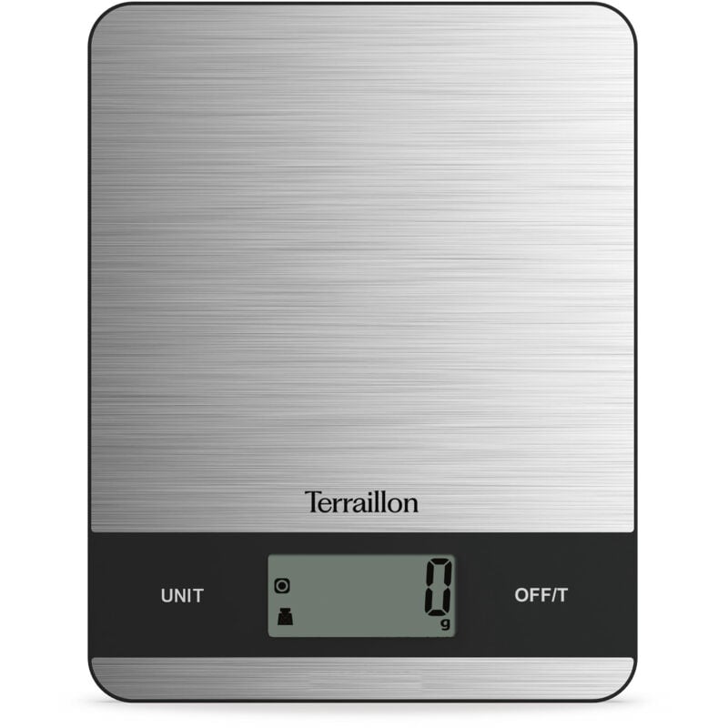 Terraillon - slim steel - balance de cuisine électronique, grand écran lcd, plateau inox, design ultra slim, capacité 5 kg, grad