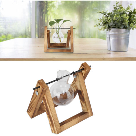 Terrario para plantas  Soporte de madera natural  Jarrón de vidrio borosilicato  Decoración vintage para oficina y hogar