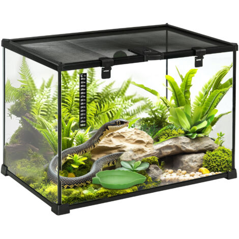 Terrario per Rettili Coperchio Scorrevole con Griglia Metallica e Termometro 50x30x35 cm in Vetro e Metallo Nero