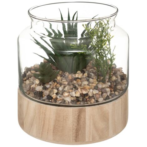 Terrarium artificiel Plante verte plateau en Bois H 17,5 cm - Atmosphera