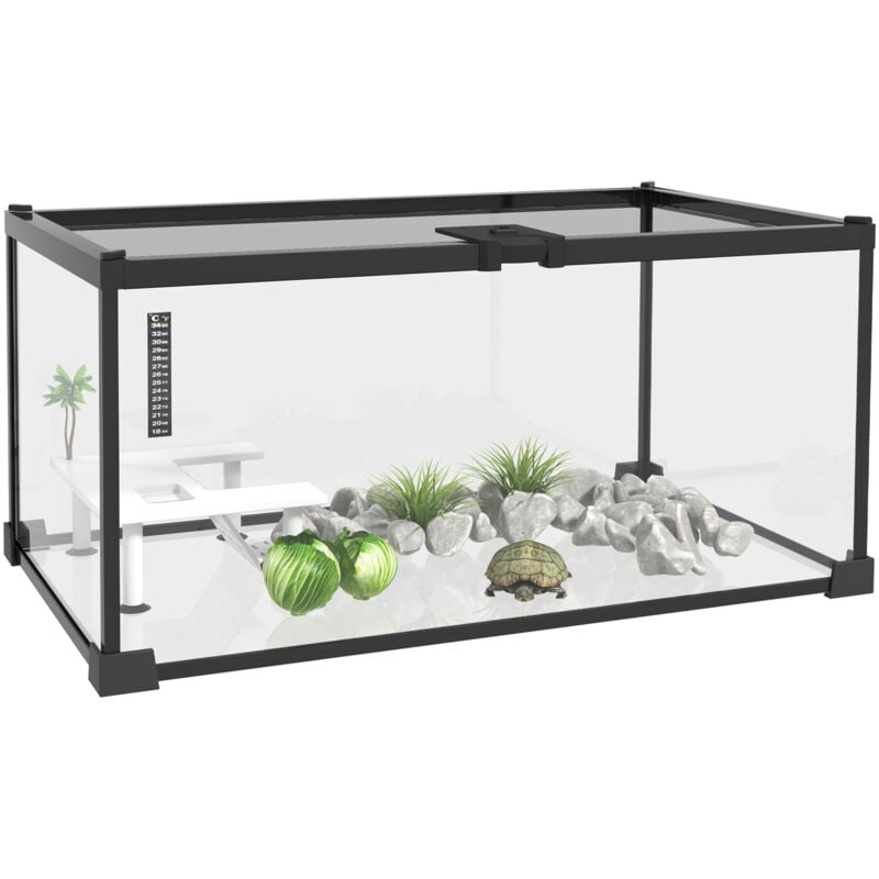 Pawhut - Terrarium en verre - vivarium reptiles & batraciens - habitat tortue - couvercle grillagé coulissant verrouillable - accessoires,