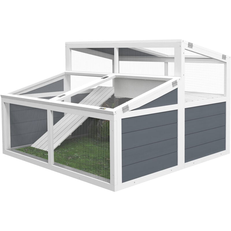 Pawhut - Terrarium enclos tortue 2 espaces toit polycarbonate 3 portes rampe bois gris blanc